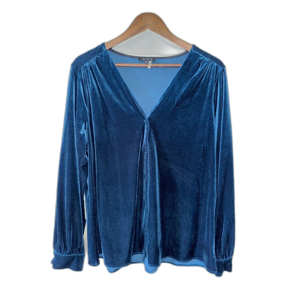 1.STATE Teal Blue Velvet Button-Front V-Neck Top 1X
